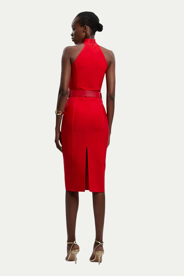 Bandage High Neck Buckle Trim Midi Dress, Alternate, color, Red
