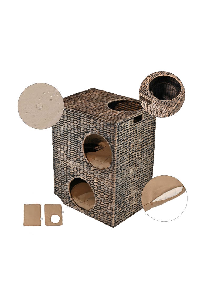 Jaxon 18" 2-Tier Handwoven Hyacinth Rectangular 5-Hole Cat Condo, 2 Machine-Washable Cushions, Alternate, color, Brown