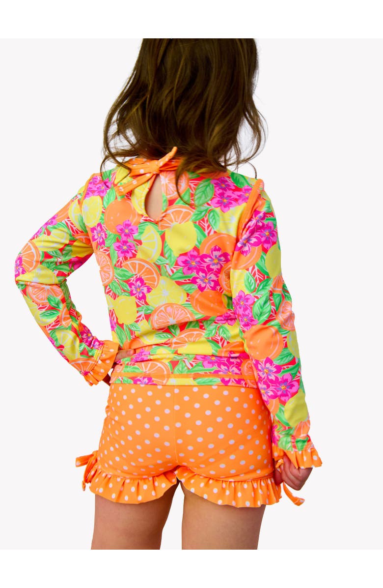 RuffleButts UPF50+ Seersucker Long Sleeve Rash Guard Ruffle Shorts 2-Piece Swimsuit, Alternate, color, Neon Squeeze The Day