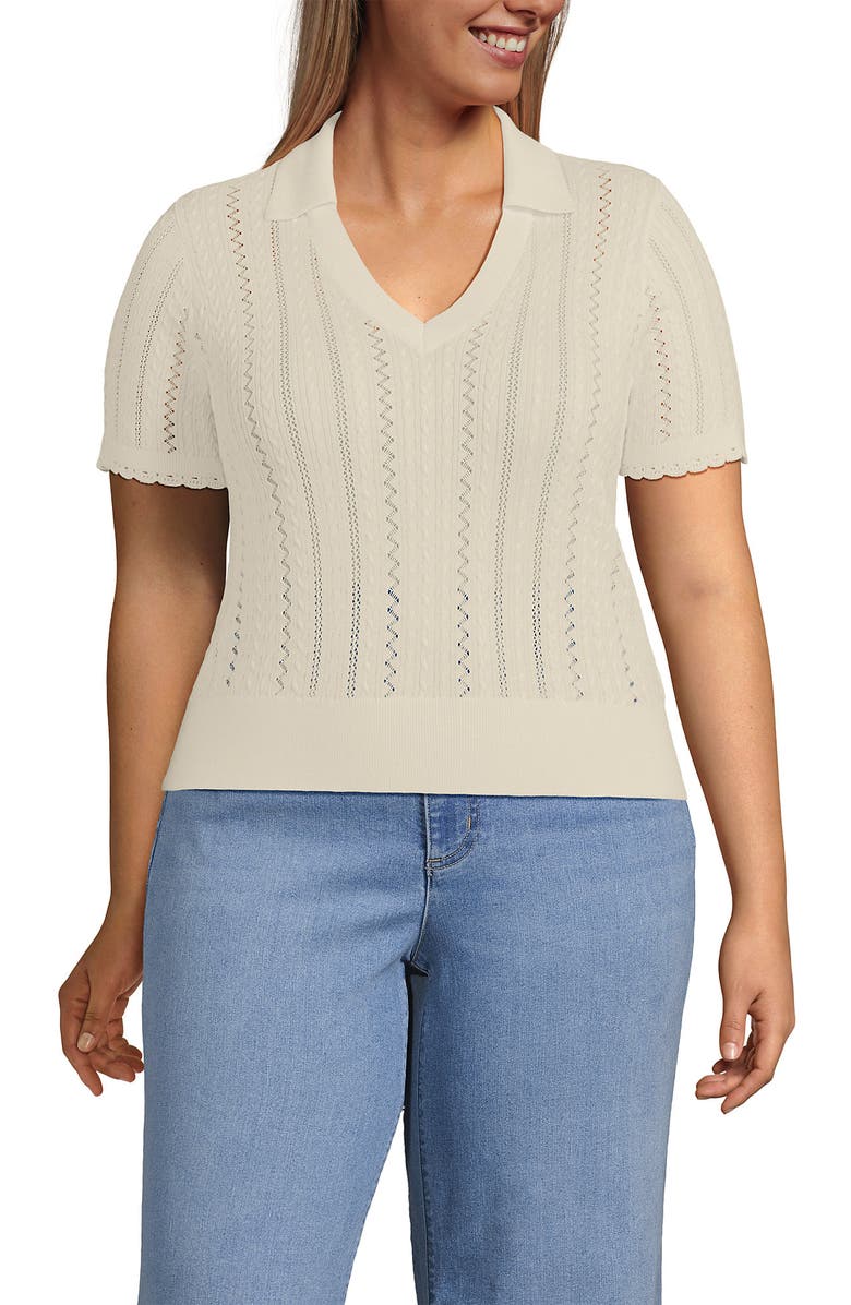 Lands' End Plus Size Fine Gauge Cotton Pointelle Polo Sweater, Main, color, Fresh Ivory
