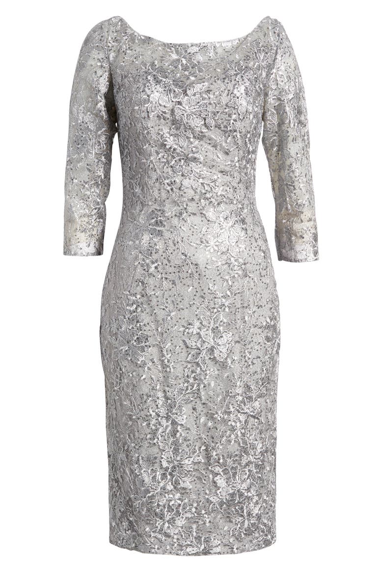 Metallic Lace Sheath Dress, Alternate, color, SILVER