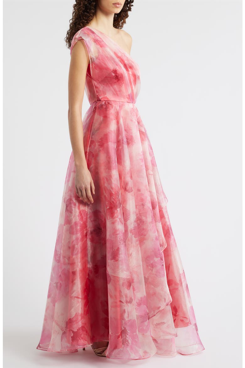 One-Shoulder Floral Chiffon Gown, Alternate, color, POPPY