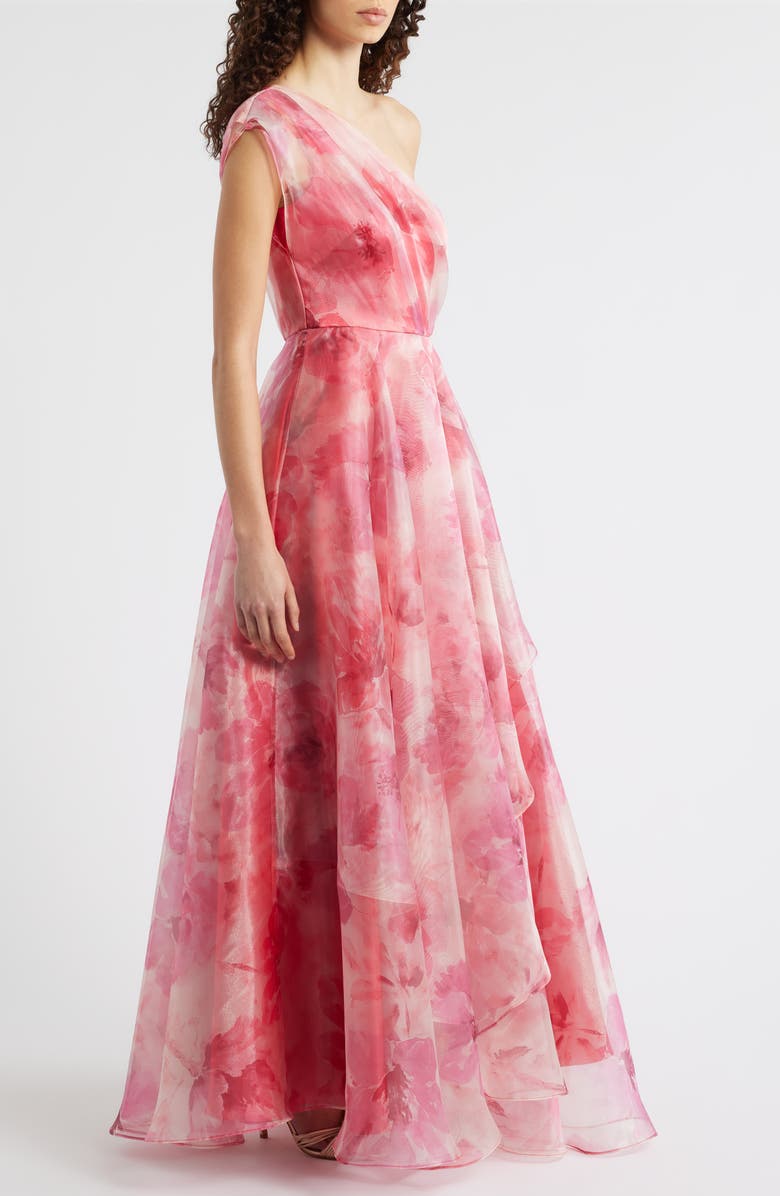Eliza J One-Shoulder Floral Chiffon Gown, Alternate, color, Poppy