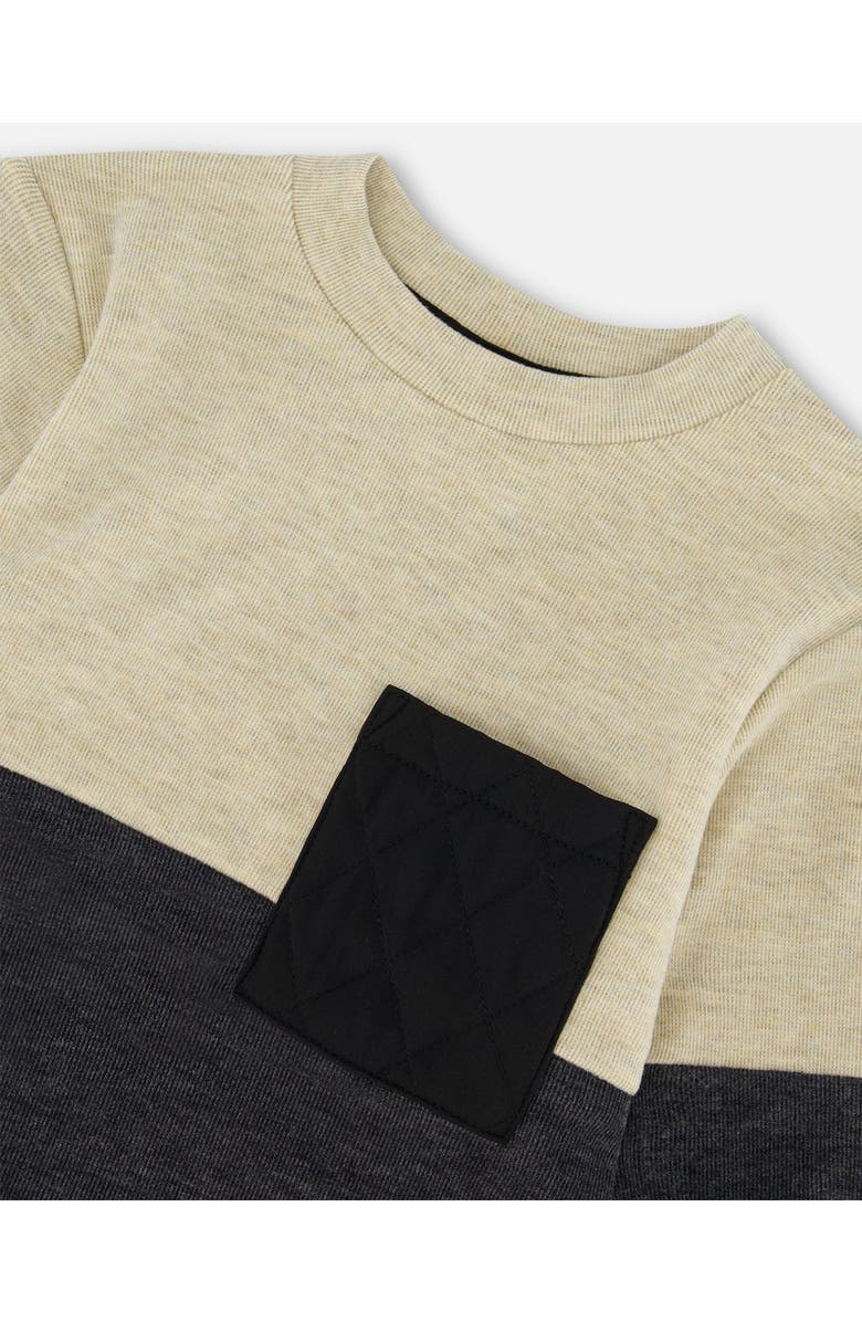 Deux par Deux Boy's Super Soft Colorblock Top With Quilted Pocket Beige And Black, Alternate, color, 