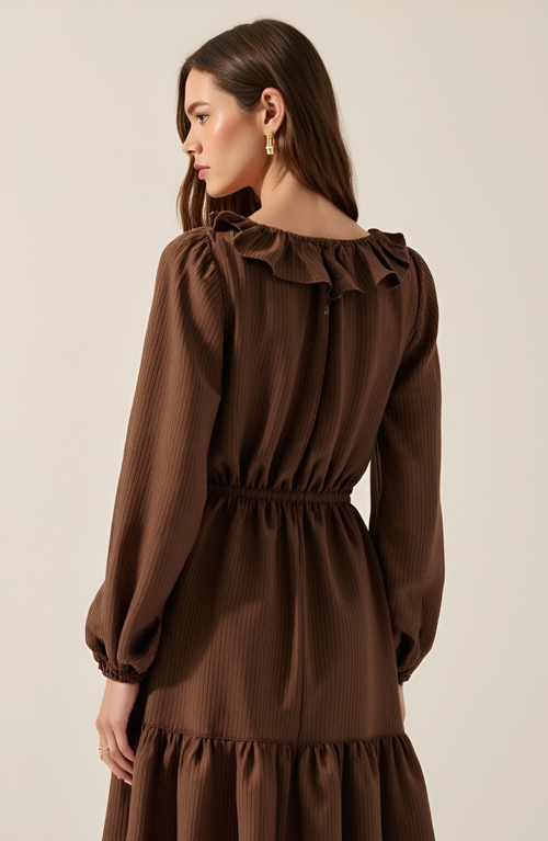 Modenaire Textured Stripe Maxi Dress With V-neck Flounce Ruffle, Bubble Sleeves And Side Slit In Brown