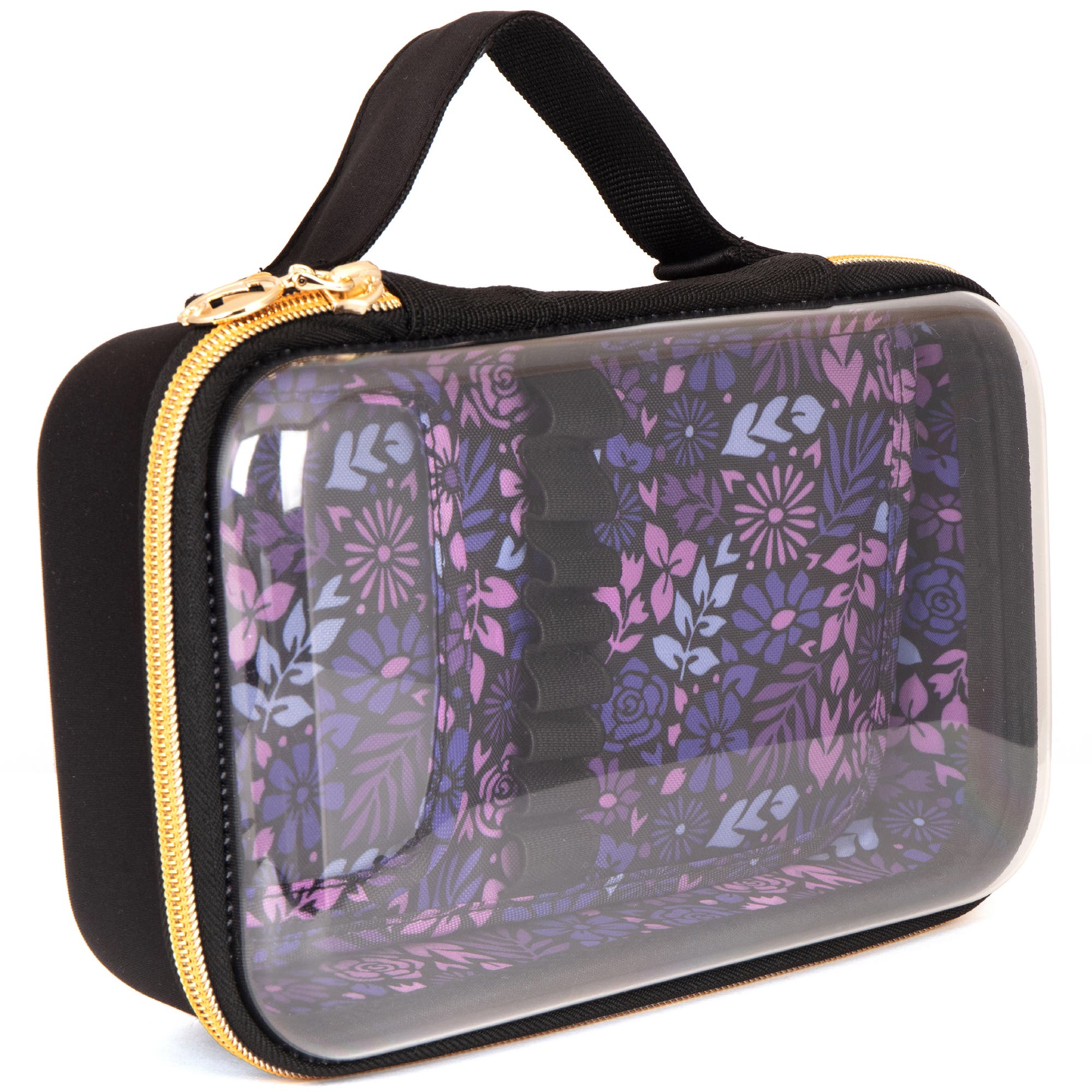 ZIPIT Travel Makeup Bag, Black & Purple Flowers, Protective Hard Shell, Main, color, Black