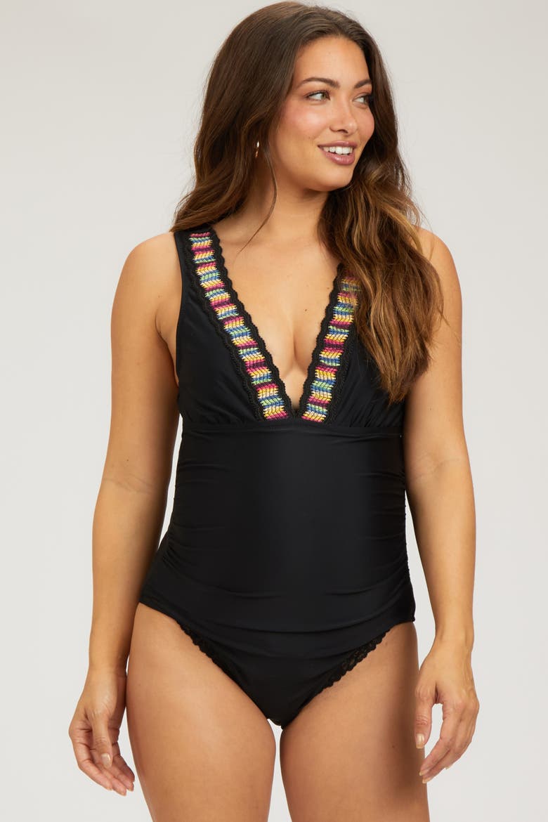 Crochet Accent Sleeveless One Piece Swimsuit, Main, color, Black