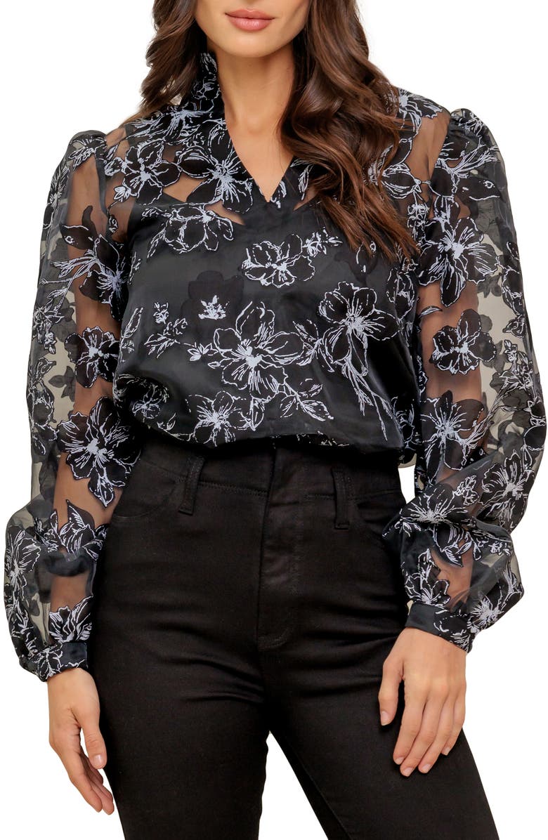 FLYING TOMATO Print Organza Button-Up Shirt, Main, color, Black