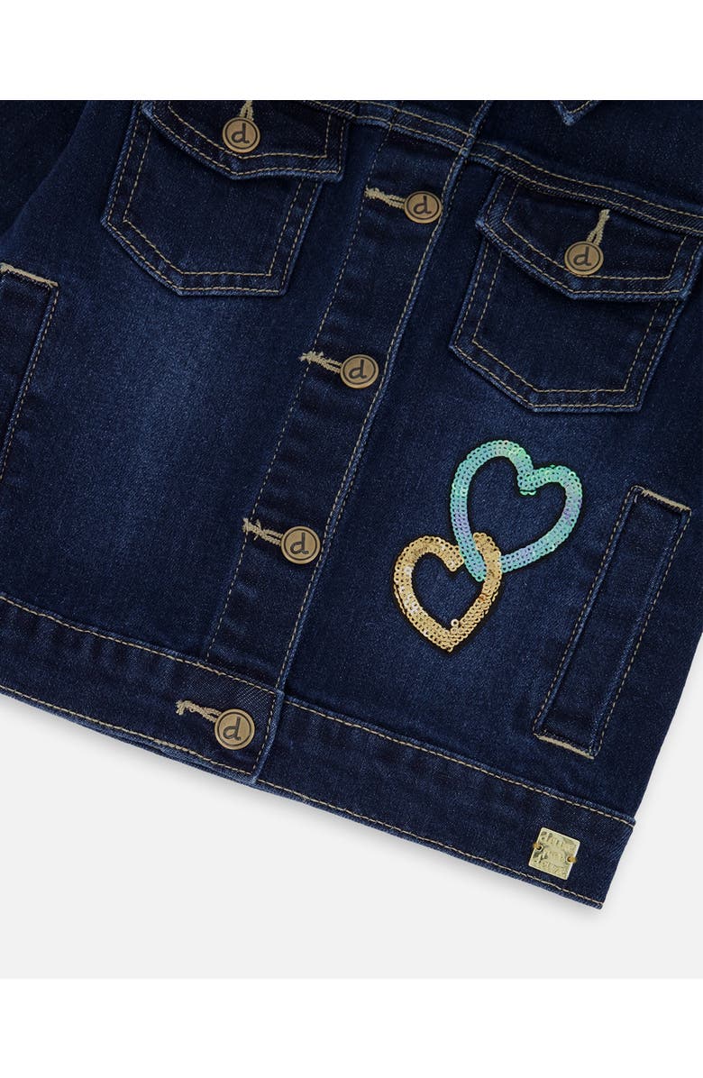 Deux par Deux Stretch Denim Jacket with Glittery Hearts and Unicorn, Alternate, color, Blue Denim