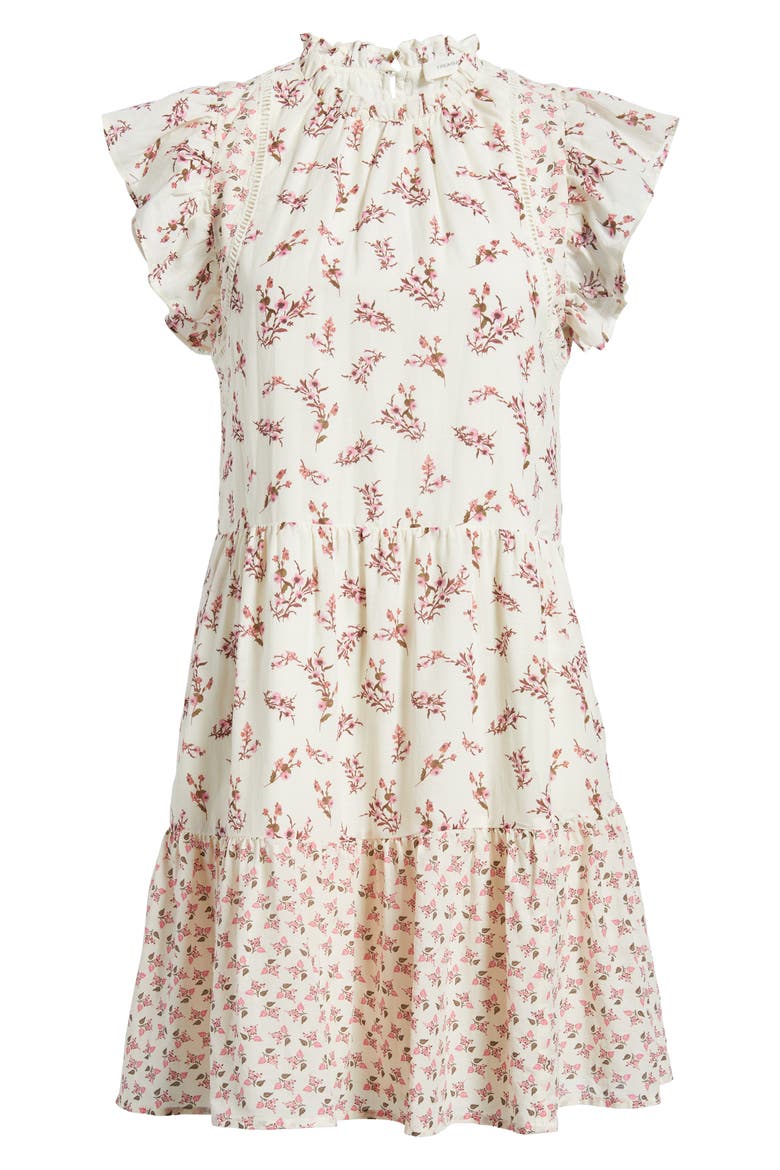 Tiered High Neck Shift Minidress, Alternate, color, IVORY- PINK GARDEN DITSY MIX