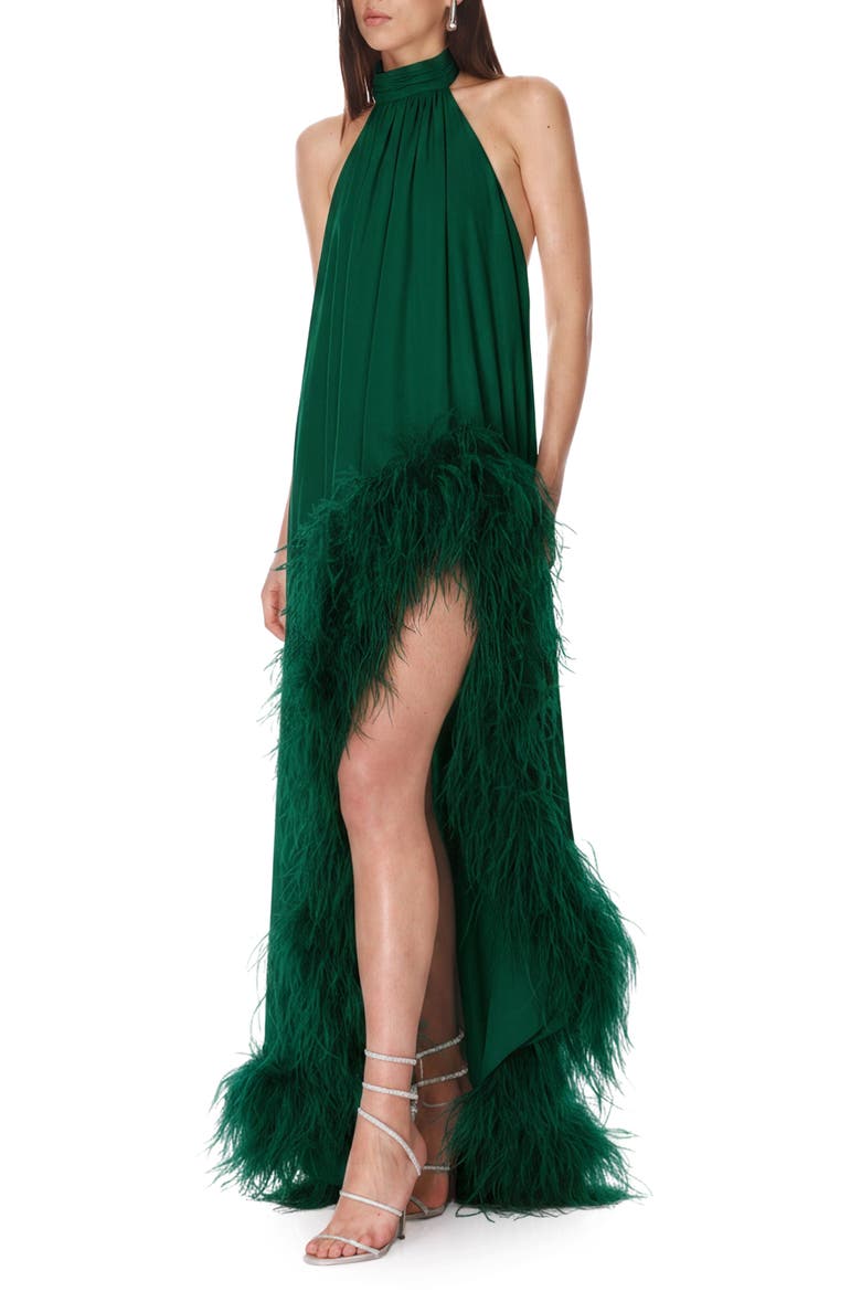 Madeline Feather Detail High-Low Gown, Alternate, color, EMERALD