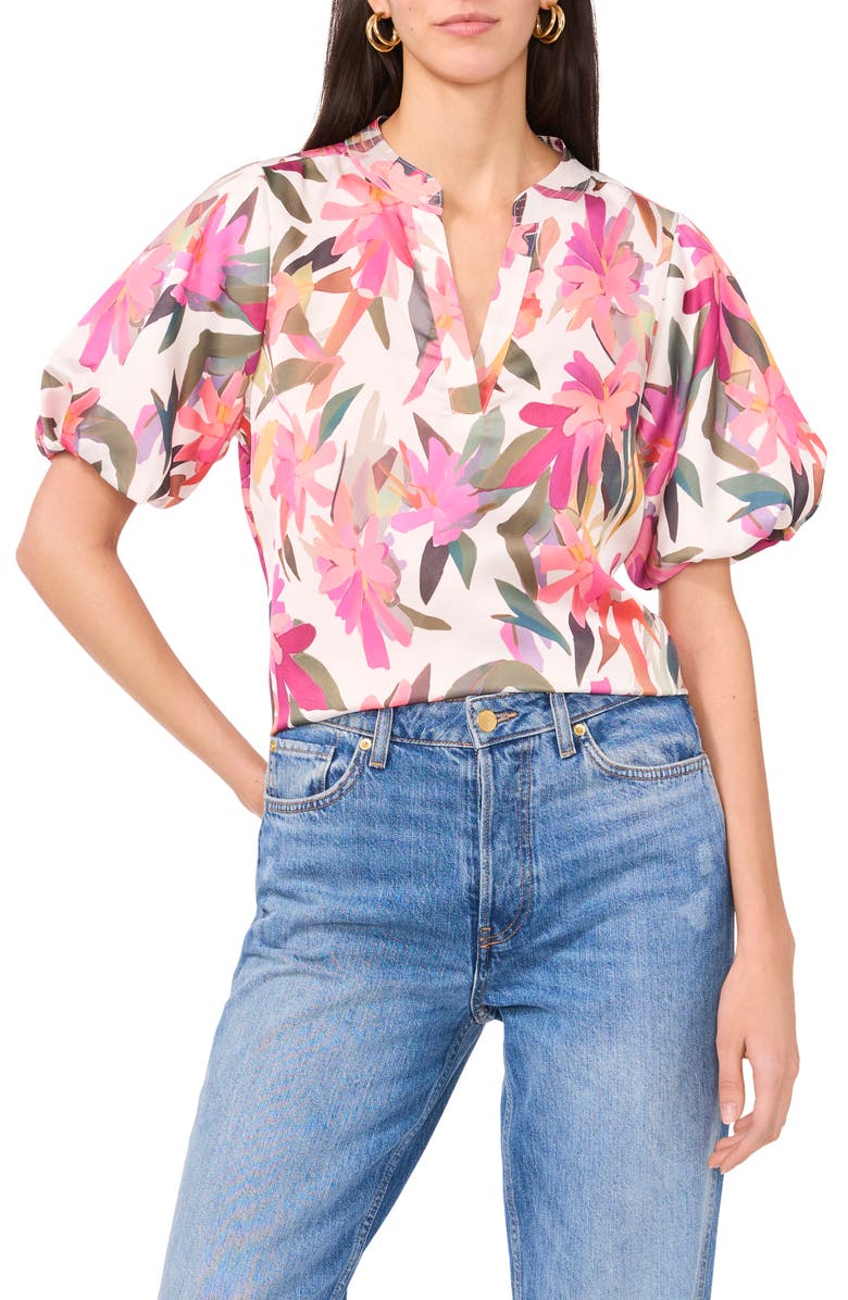 Vince Camuto Floral Puff Sleeve Charmeuse Top, Main, color, 