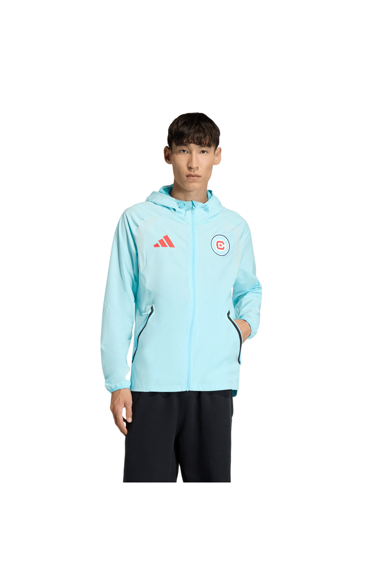 Men's adidas  Light Blue Chicago Fire Tiro Travel Full-Zip Hooded Windbreaker, Main, color, Light Blue