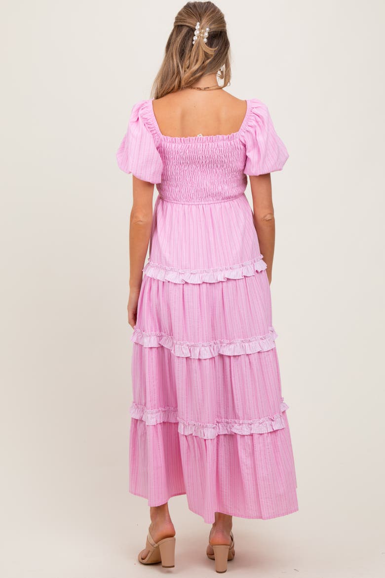 Smocked Ruffle Tiered Puff Sleeve Maxi Dress, Alternate, color, Pink