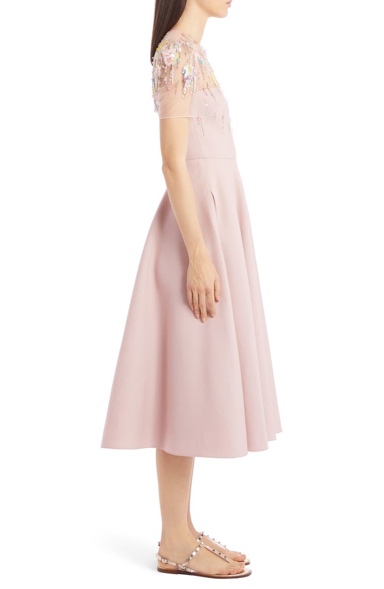 Valentino Embellished Illusion Yoke Wool & Silk Midi Dress, Alternate, color, 