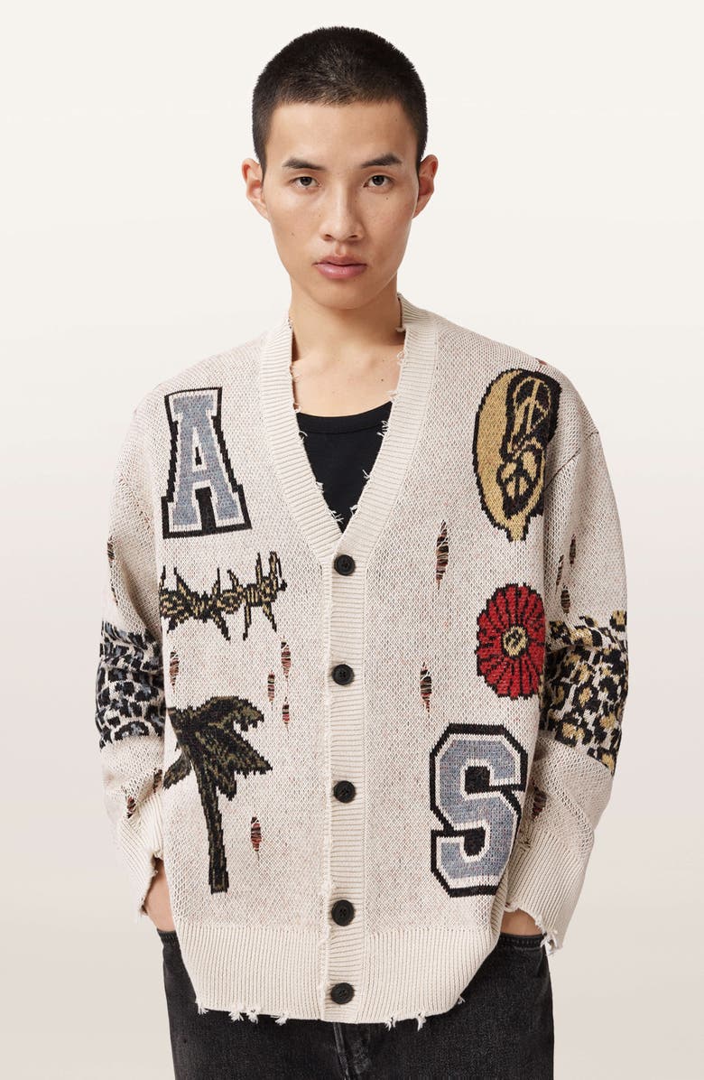 AllSaints Foxx Distressed Jacquard Graphic Cardigan, Alternate, color, Ecru White