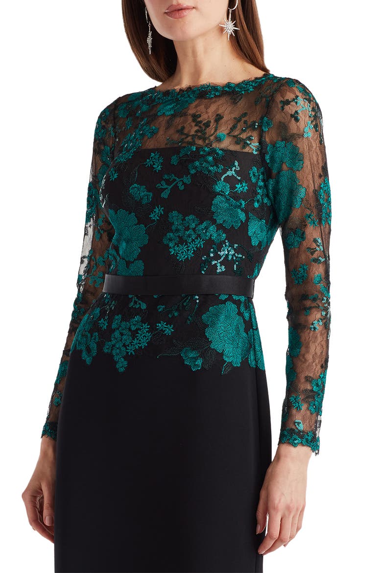 Floral Lace Embroidery Long Sleeve Gown, Alternate, color, EMERALD/ BLACK