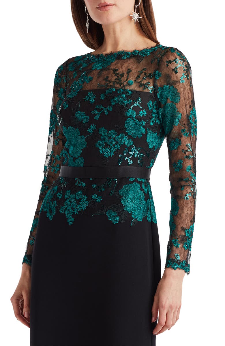 Tadashi Shoji Floral Lace Embroidery Long Sleeve Gown, Alternate, color, Emerald/ Black