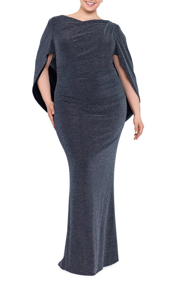 Betsy & Adam Metallic Drape Back Trumpet Gown, Main, color, Black/ Silver