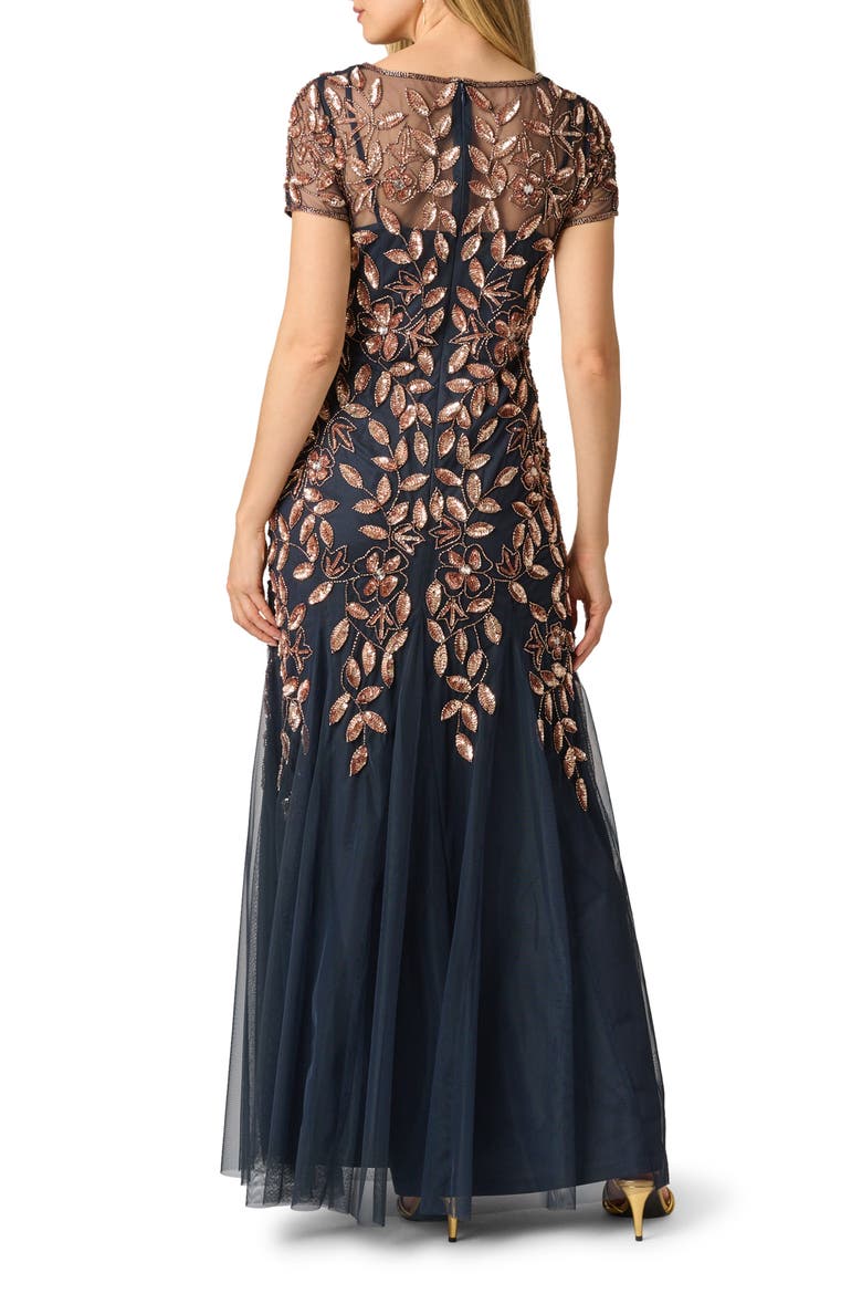 Floral Embroidered Beaded Trumpet Gown, Alternate, color, NAVY/ ROSE GOLD