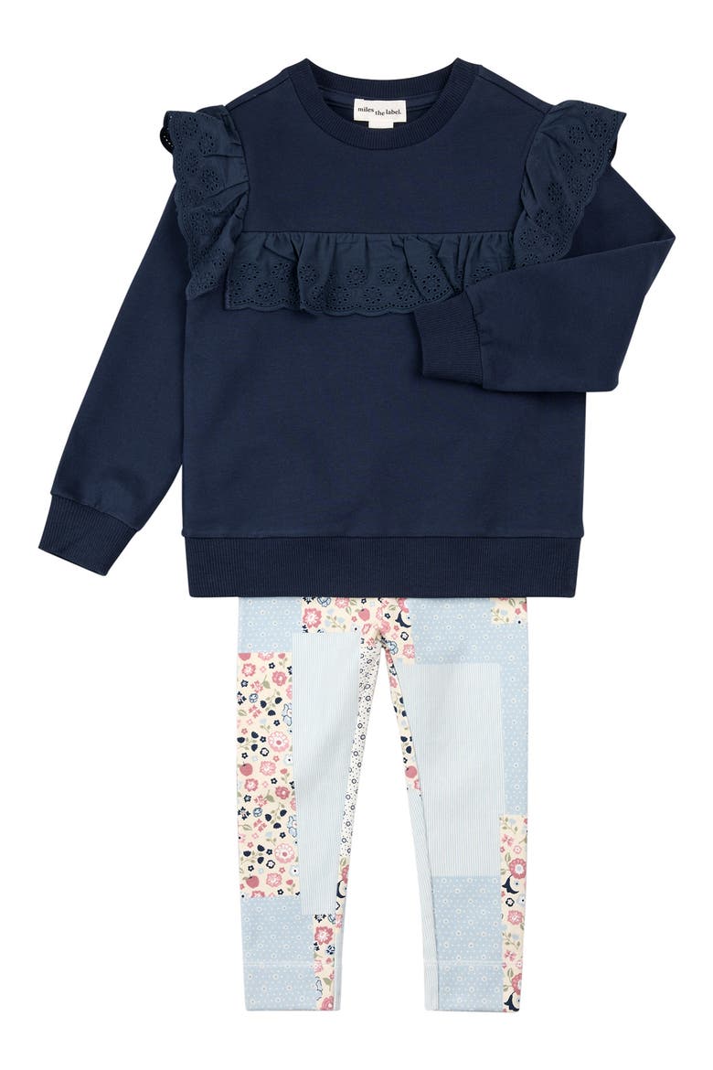 Ruffle Accent Cotton Sweatshirt & Patchwork Print Leggings Set, Main, color, LIGHT BLUE