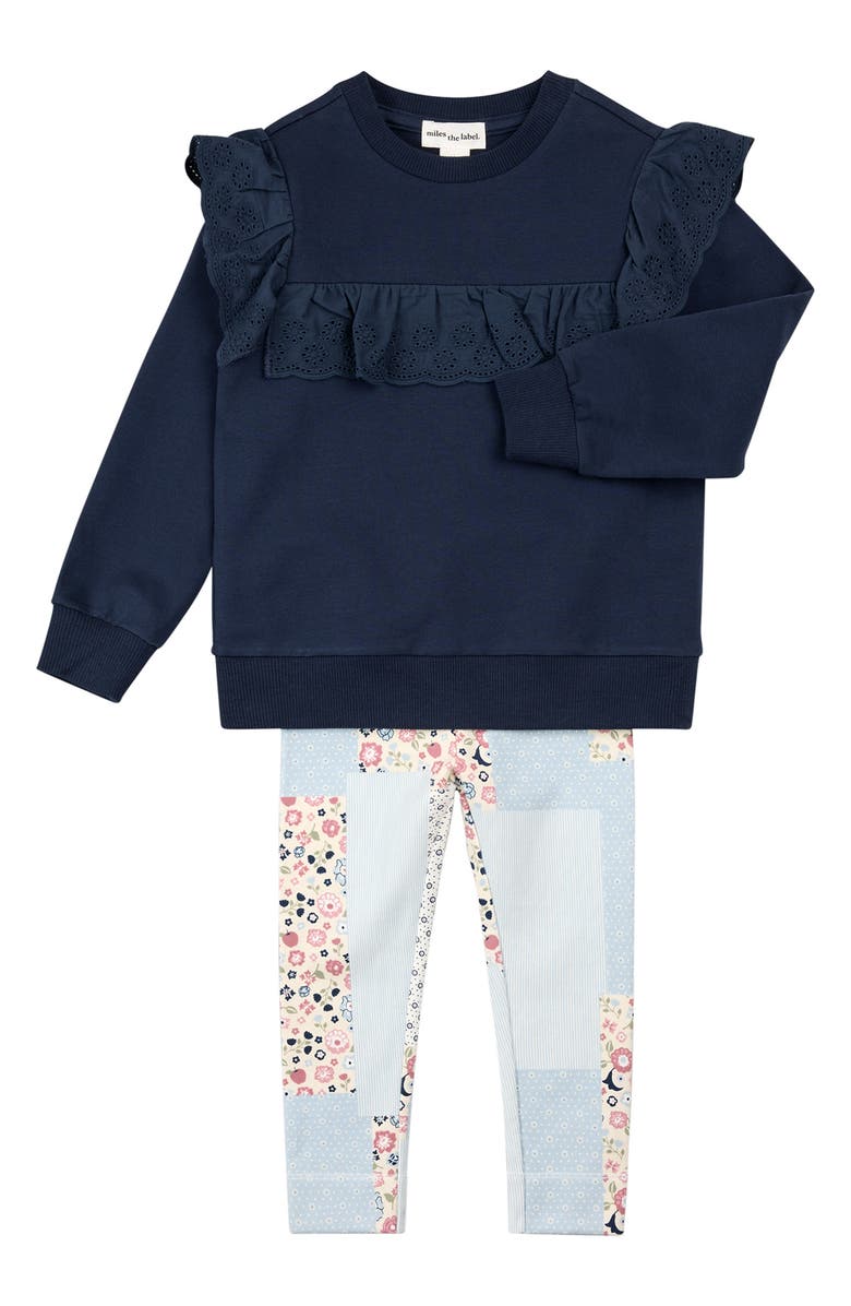 MILES THE LABEL Ruffle Accent Cotton Sweatshirt & Patchwork Print Leggings Set, Main, color, Light Blue