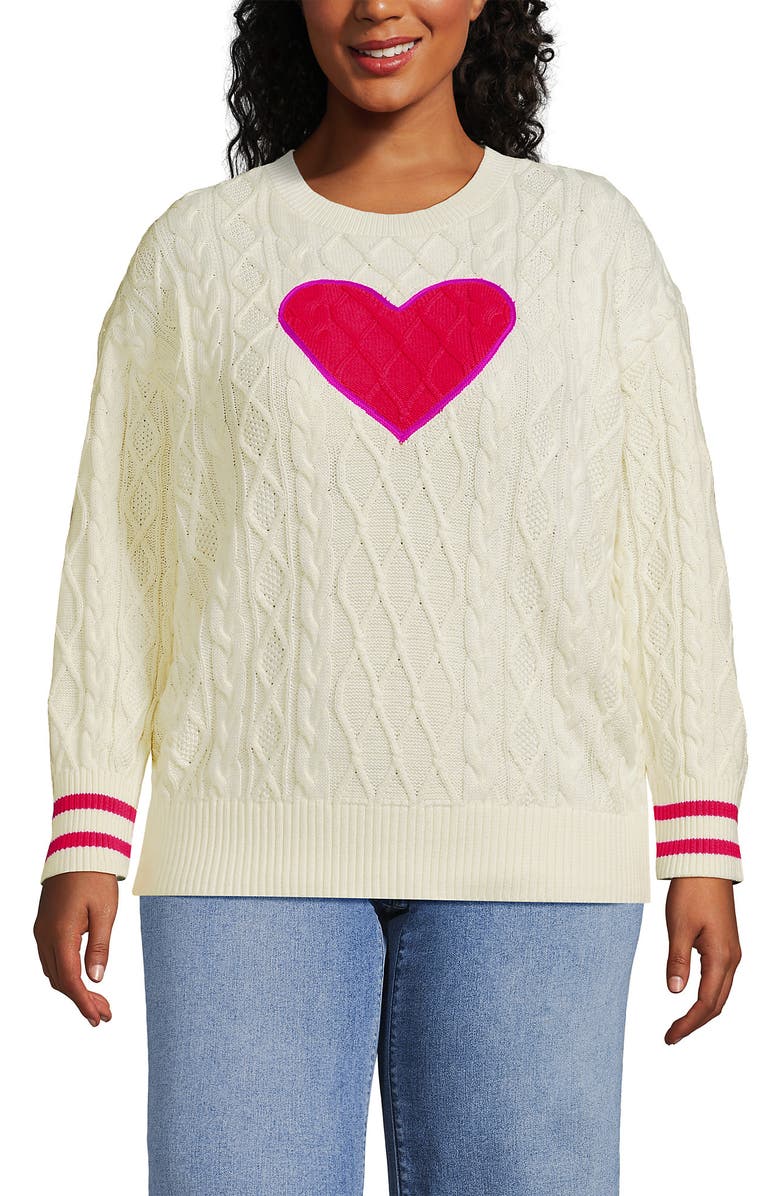 Lands' End Plus Size Drifter Aran Cable Easy Fit Crew Sweater, Main, color, 