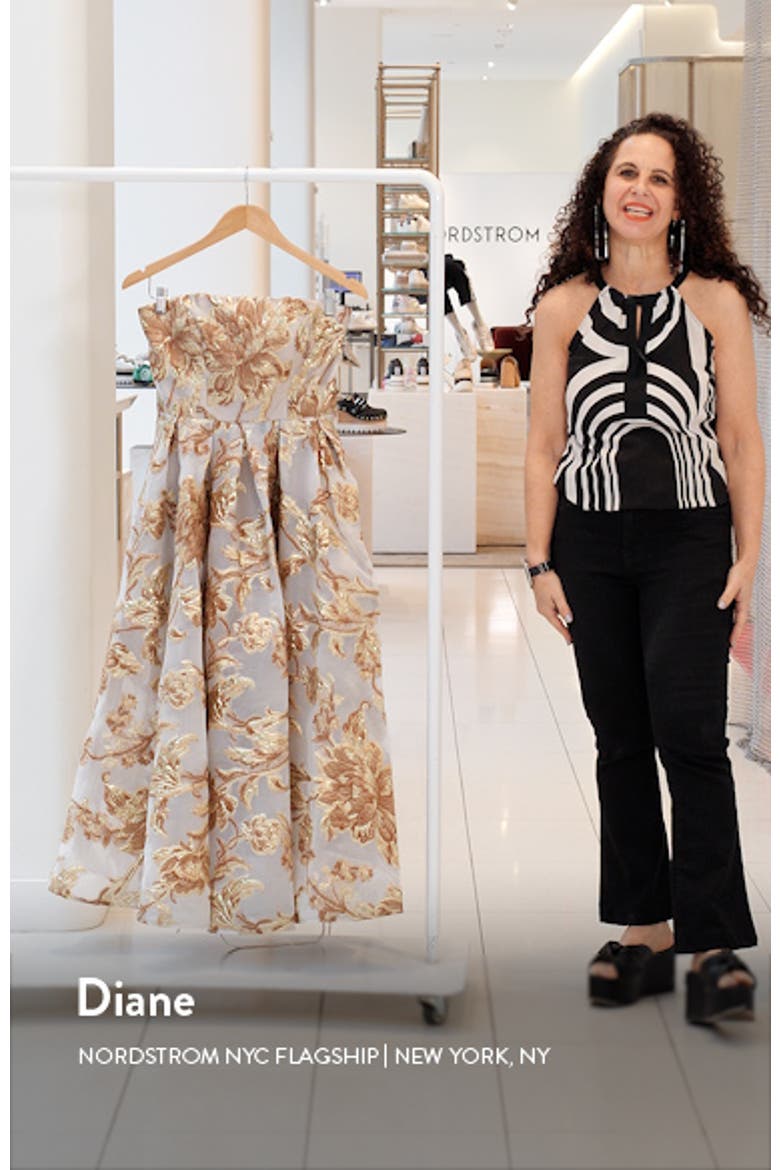 Women's Strapless Brocade Midi Dress with Pockets video