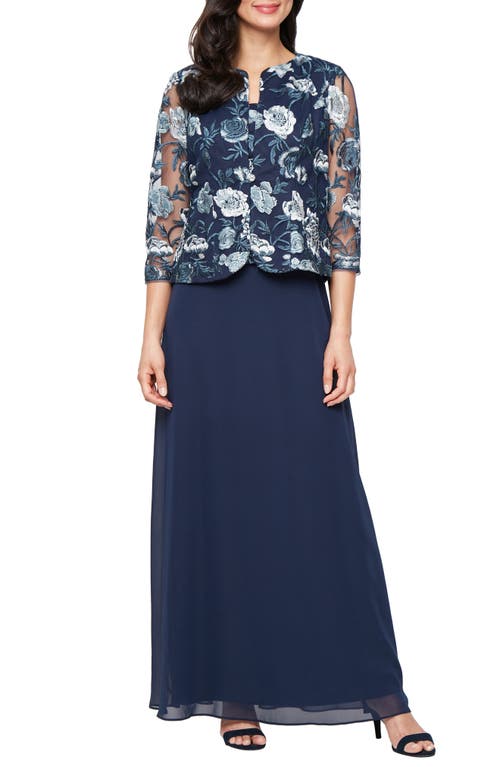 Alex Evenings Floral Embroidered Mock Two-piece Gown With Jacket In Blue