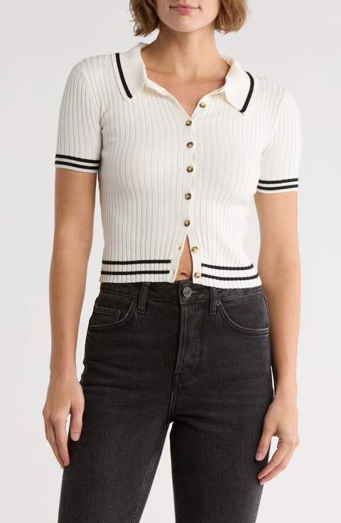Tipped Short Sleeve Rib Polo Sweater