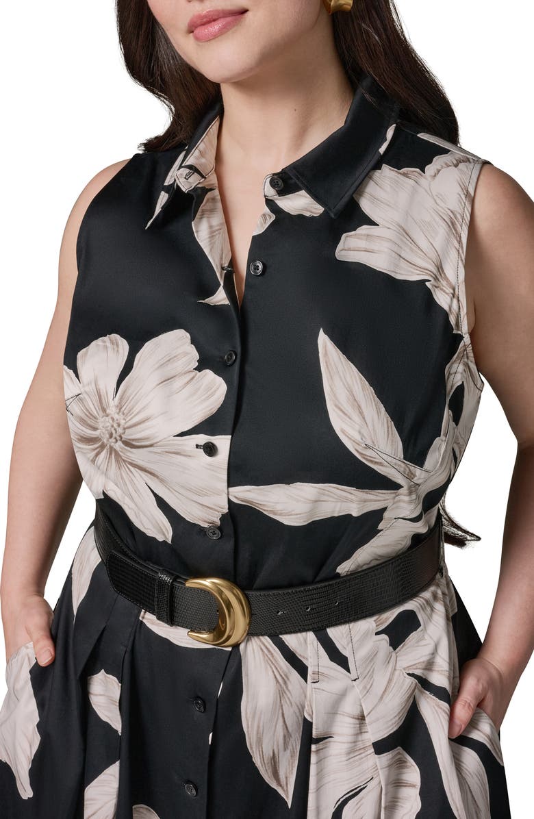 DONNA KARAN Floral Sleeveless Stretch Cotton Shirtdress, Alternate, color, Black Multi