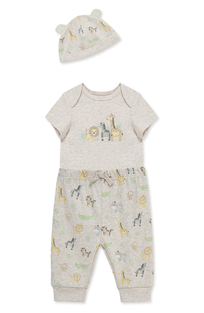 Little Me Jungle Bodysuit, Pants & Hat Set, Alternate, color, Grey Multi