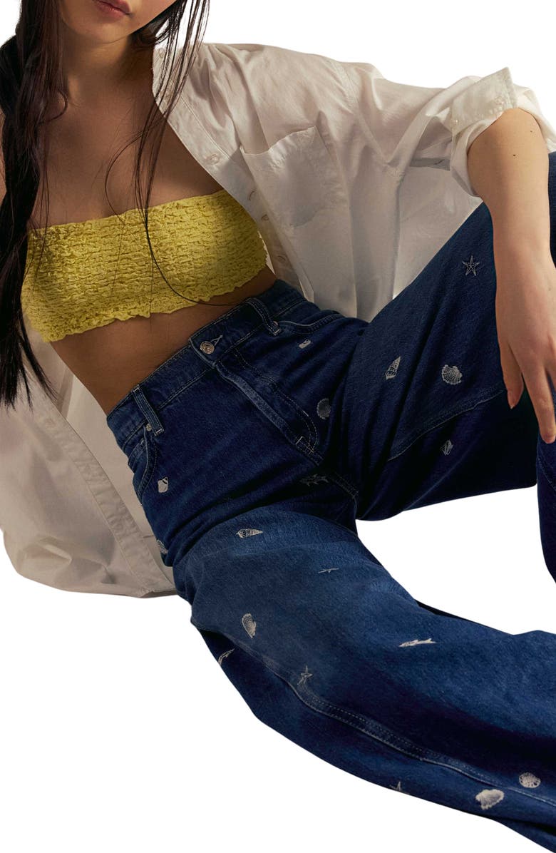 Free People Westward Embroidered Wide Barrel Leg Jeans, Alternate, color, Under The Sea