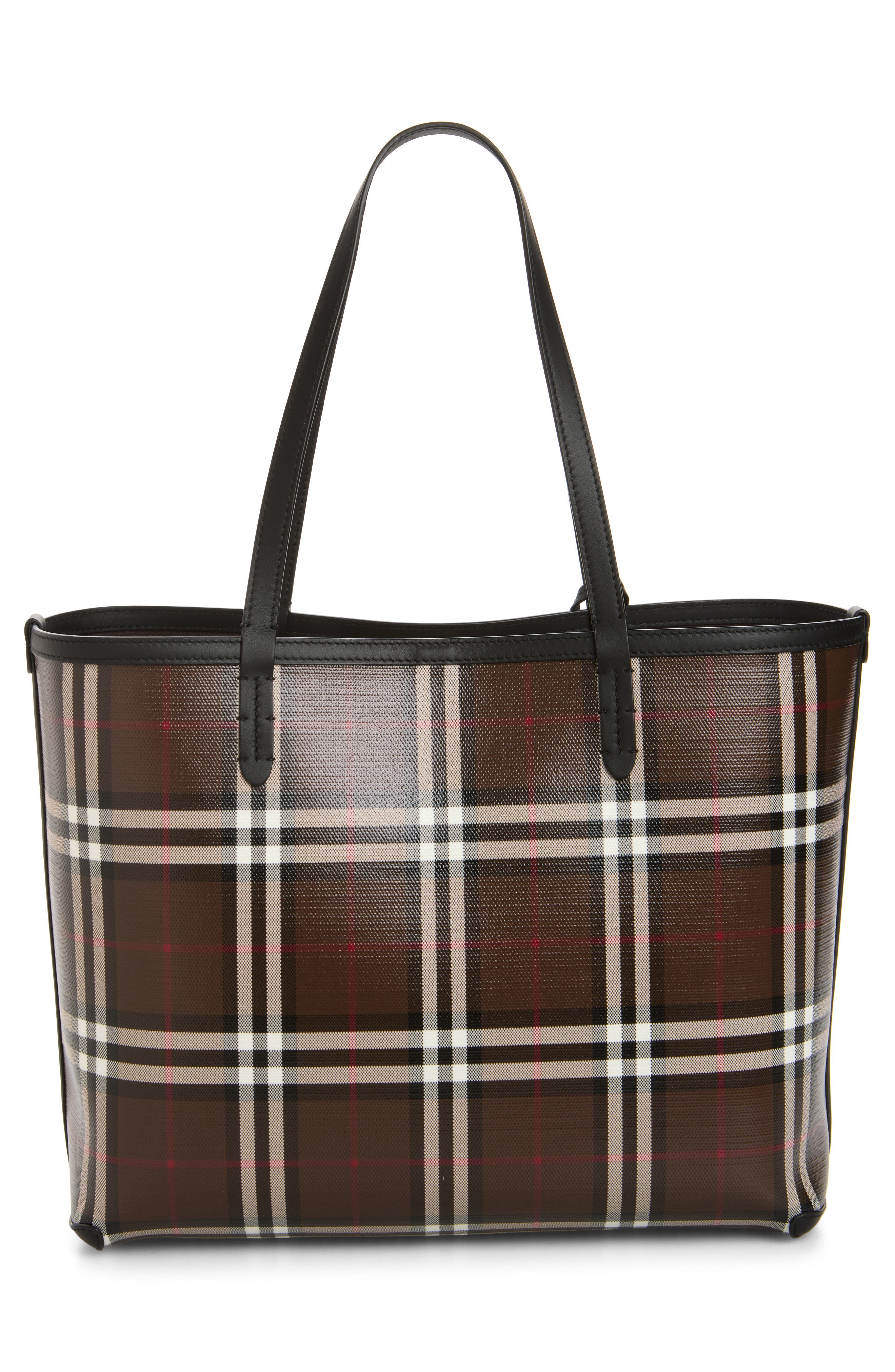 Medium Check Coated Canvas & Leather Tote, Alternate, color, CHOCOLATE BROWN