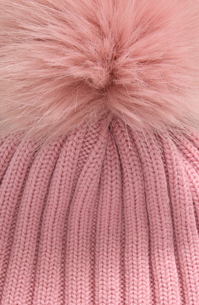 Moncler Virgin Wool Rib Beanie with Faux Fur Pompom, Alternate, color, Pastel Pink