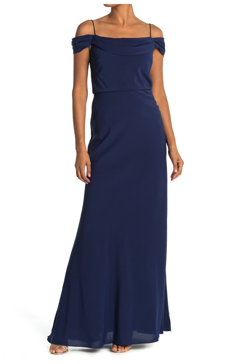 Jenny Yoo Sabine Draped Pleat Neck Charmeuse Gown, Main, color, 