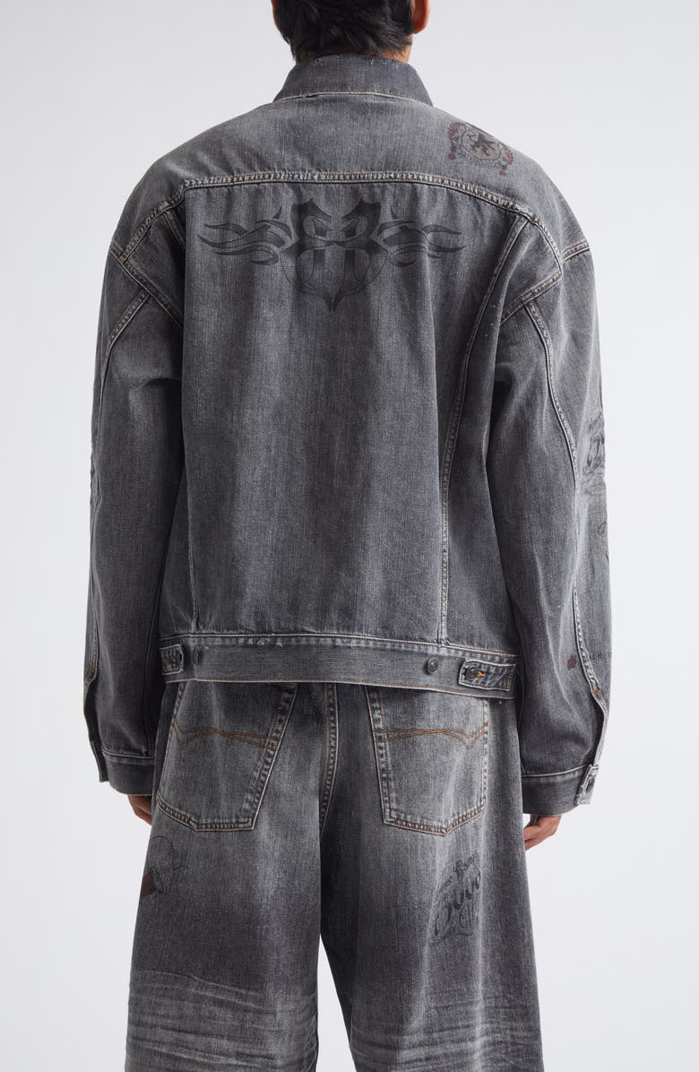 Balenciaga Tattoo Boxy Denim Jacket, Alternate, color, 1441 Dark Grey