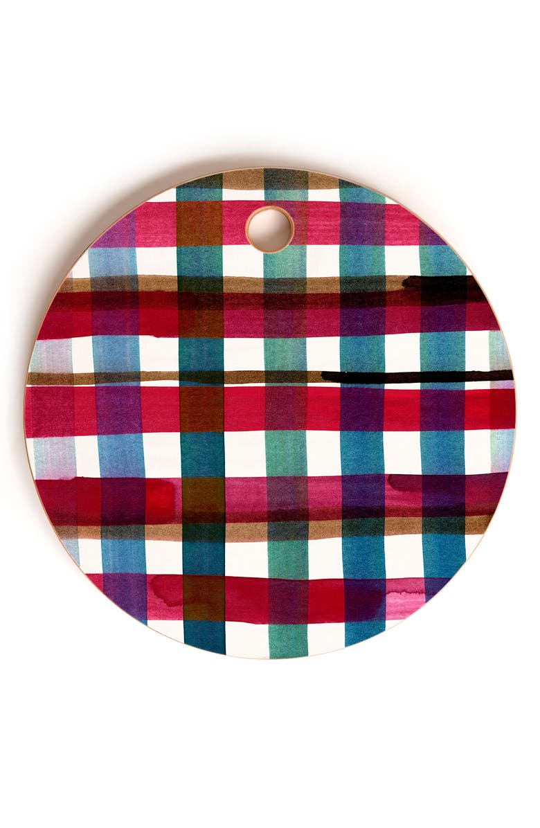 Deny Designs Modern Christmas Plaid Round Cutting Board, Main, color, Red