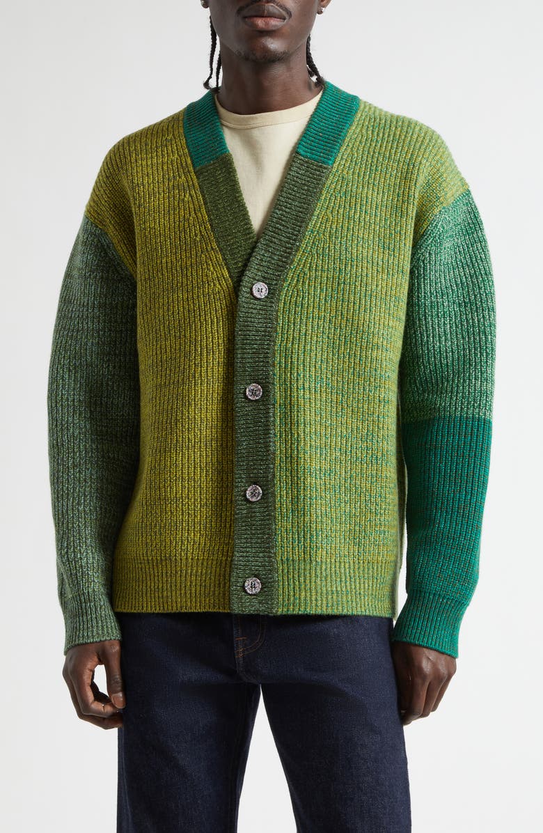 Waste Yarn Project Patti Colorblock Mélange Cardigan, Main, color, Tonal Green