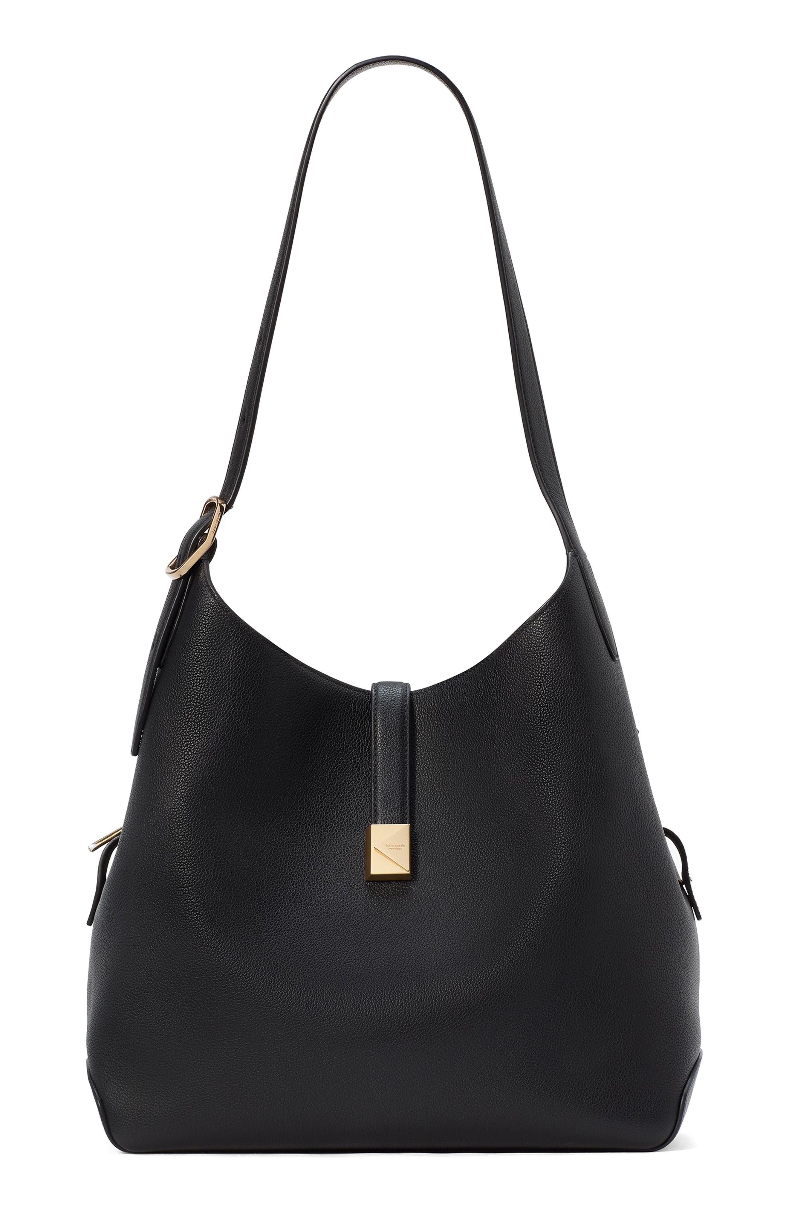 Kate Spade New York large deco pebbled leather shoulder bag, Main, color, Black