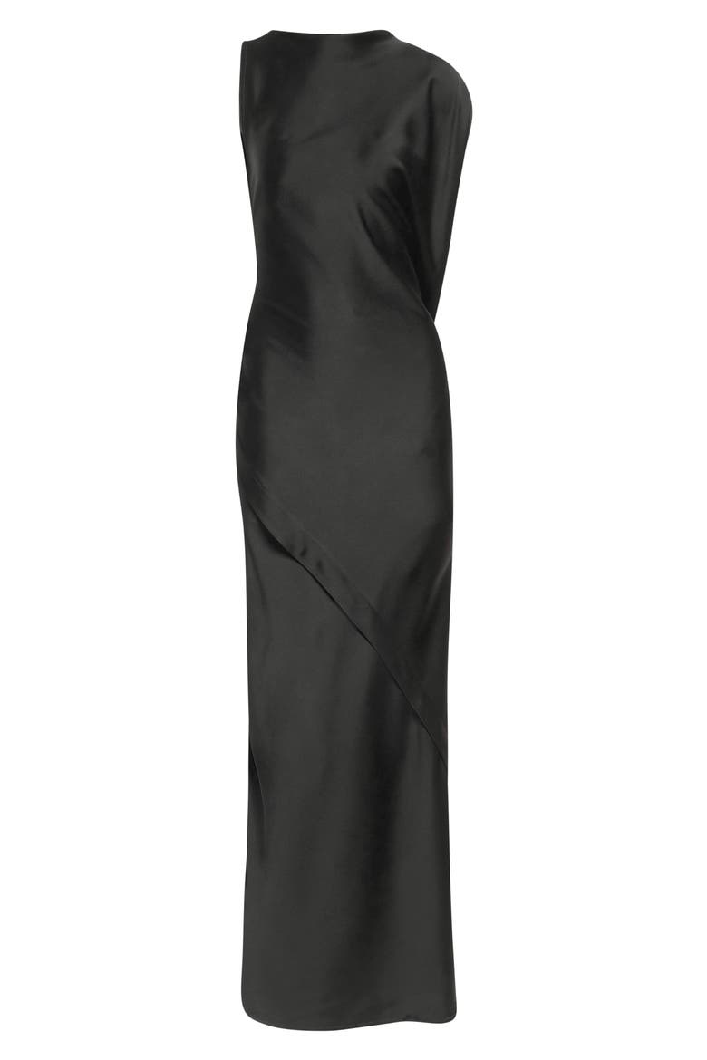 Kyra Sleeveless Draped Satin Gown, Alternate, color, BLACK