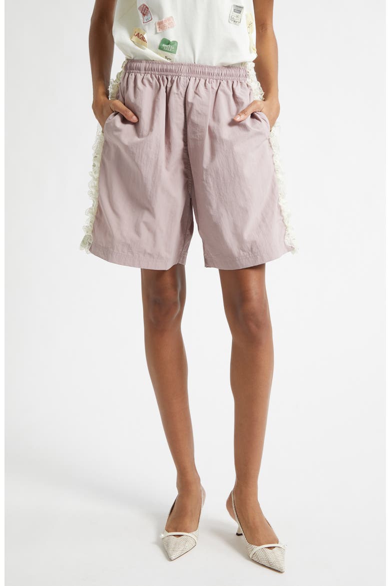 Gender Inclusive Wilbur Ruched Lace Stripe Track Shorts, Main, color, PINK