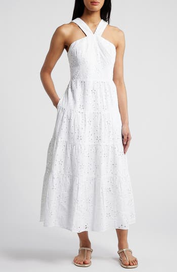 Lilly Pulitzer Jenette Halter Midi Dress Womens White Sealife Eyelet Buu690