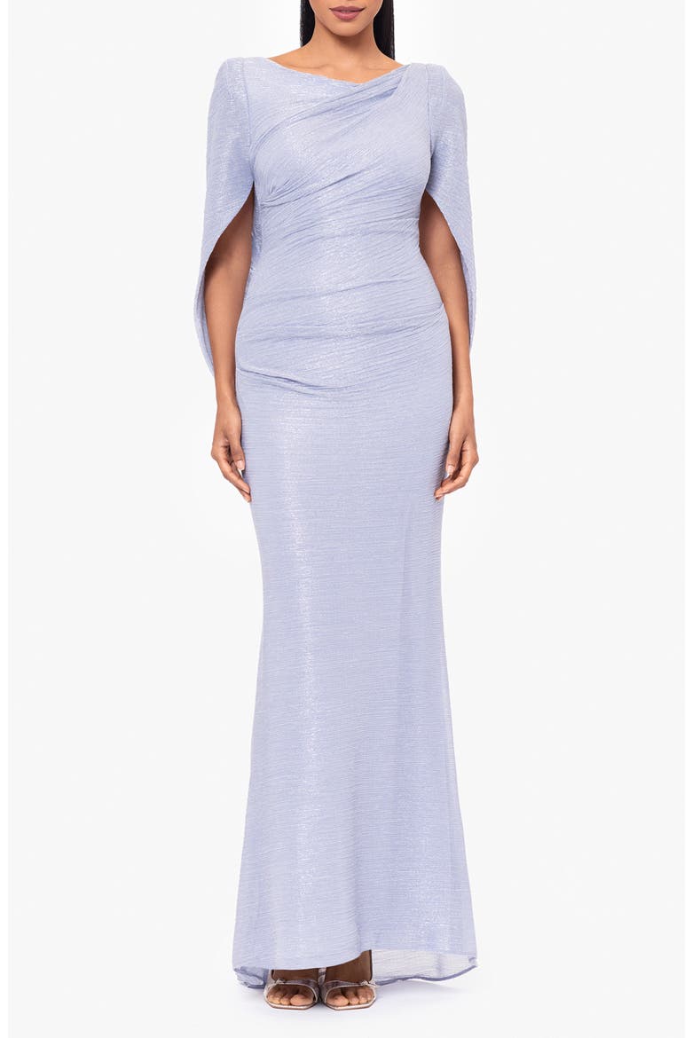 Metallic Crinkle Cape Sleeve Trumpet Gown, Main, color, BLUE/ SILVER