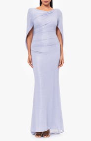 Betsy & Adam Metallic Crinkle Cape Sleeve Trumpet Gown