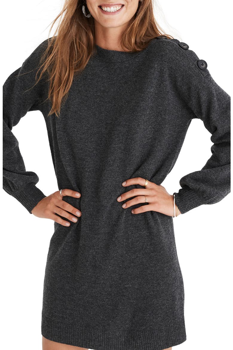 Boat Neck Button Shoulder Sweater Dress, Main, color, HEATHER CARBON