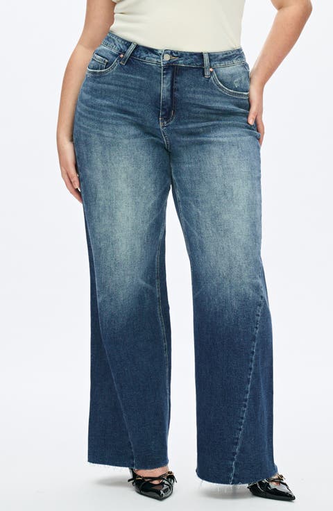 High Waist Raw Hem Wide Leg Jeans (Plus)