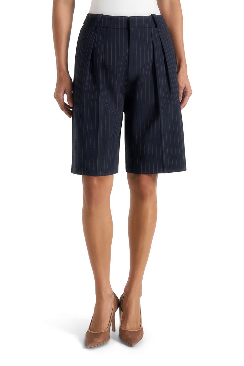 Lorette Pinstripe Double Pleat Tailored Shorts, Main, color, Navy Pinstripe