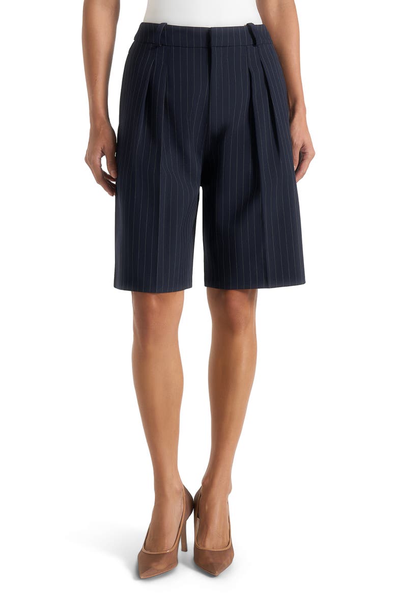 Manière De Voir Lorette Pinstripe Double Pleat Tailored Shorts, Main, color, Navy Pinstripe