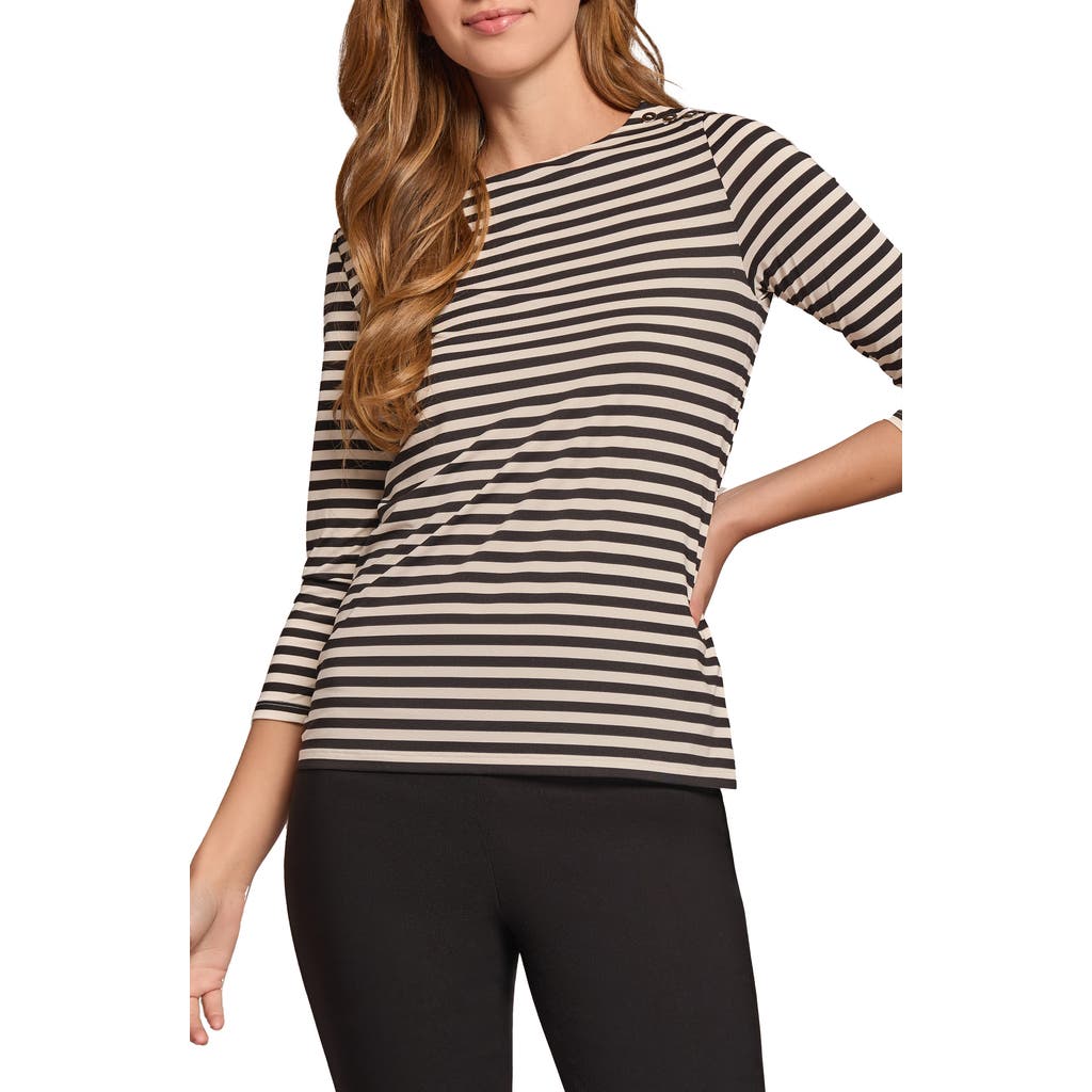 Jones New York Stripe Shoulder Button Knit Top in Jones Black/Jones White
